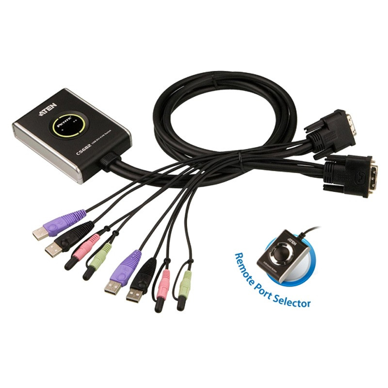 Aten Petite 2 Port USB DVI KVM Switch with Audio and Remote Port Selector - 1.2m Cables Built In - L-KVA-CS-682 at AUSTiC 3D Shop