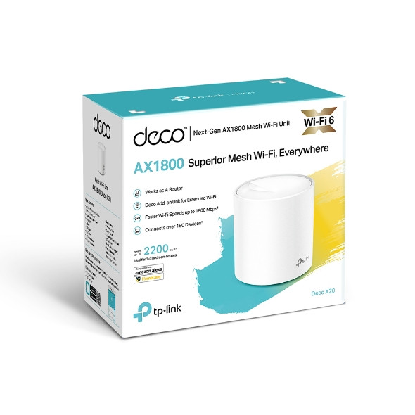 TP-LINK DecoDeco X20 (1-pack)AX1800 Whole Home Mesh Wi-Fi 6 System, Up To 200 sqm Coverage, WIFI6, 1201Mbps @ 5Ghz, 574Mbps @ 2.4 GHz OFDMA, MU-MIMO