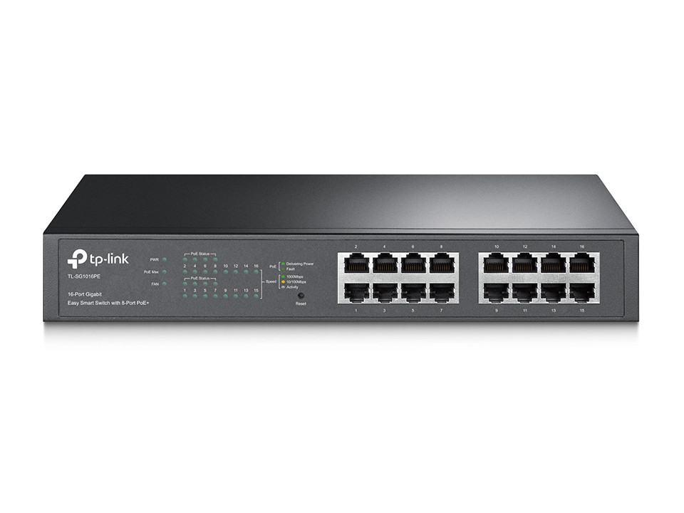 TP-LINK TL-SG1016PE JetStream 16-Port Gigabit Desktop/Rackmount Switch with 8-Port PoE+ 32Gbps IEEE 802.3af/at Priority Function Mac Address