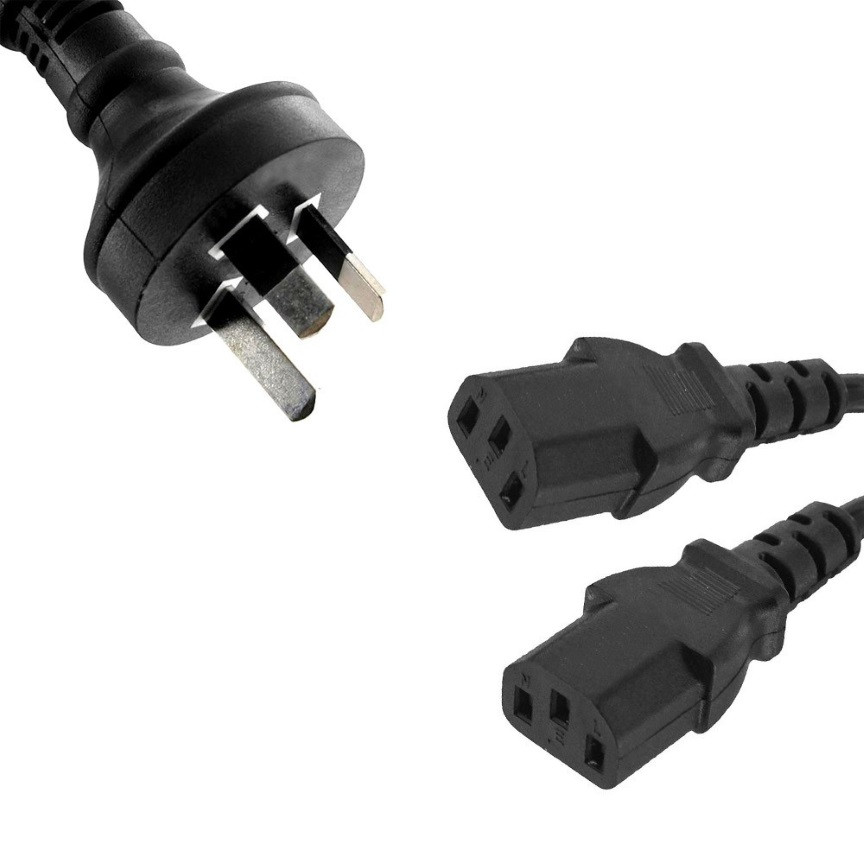 8WARE 3m 10amp Y Split Power Cable with AU/NZ 3-pin Male Plug 2xIEC F C13 Socket & Cord for PC & Monitor to Wall Power Socket ~CBPOWERY