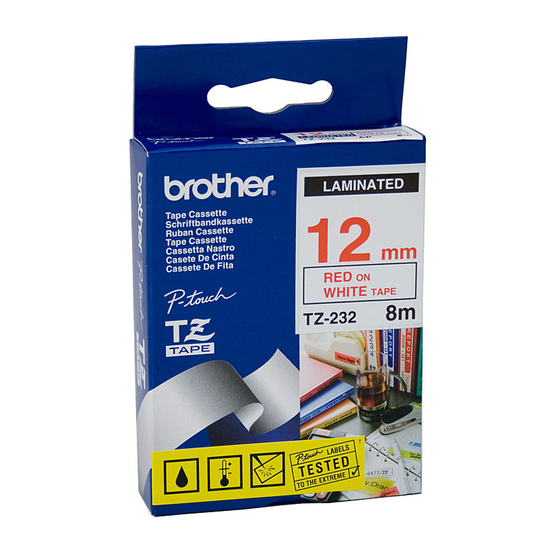 BROTHER TZe232 Labelling Tape 12mm Red on White TZE Tape - D-BTZ232 at AUSTiC 3D Shop