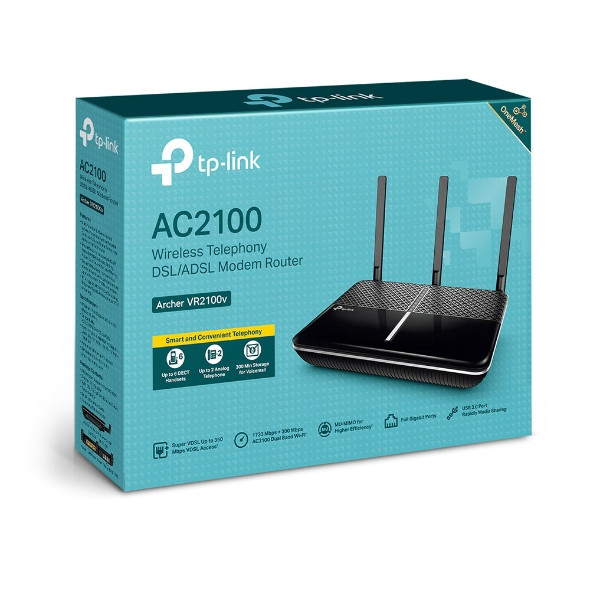 TP-LINK Archer VR2100v AC2100 Wireless MU-MIMO VDSL/ADSL Telephony Modem Router VDSL2 Profile 35b Up To 1733Mbps, MU-MIMO, Whole Home, Voice Mail - L-NWTL-ARCHERVR2100V shop at AUSTiC 3D Shop