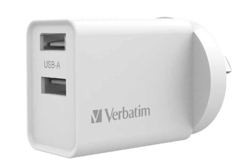 VERBATIM USB Charger Dual Port 2.4A - White Twin Port Wall Charger