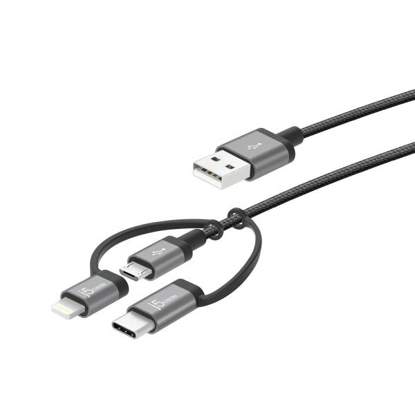 J5create JMLC11B 3-in-1 USB Charging Sync Cable (USB-A to Apple Lightning 8-pin, USB-C or USB Micro-B for iOS or Android device) - Apple MFi-Certified