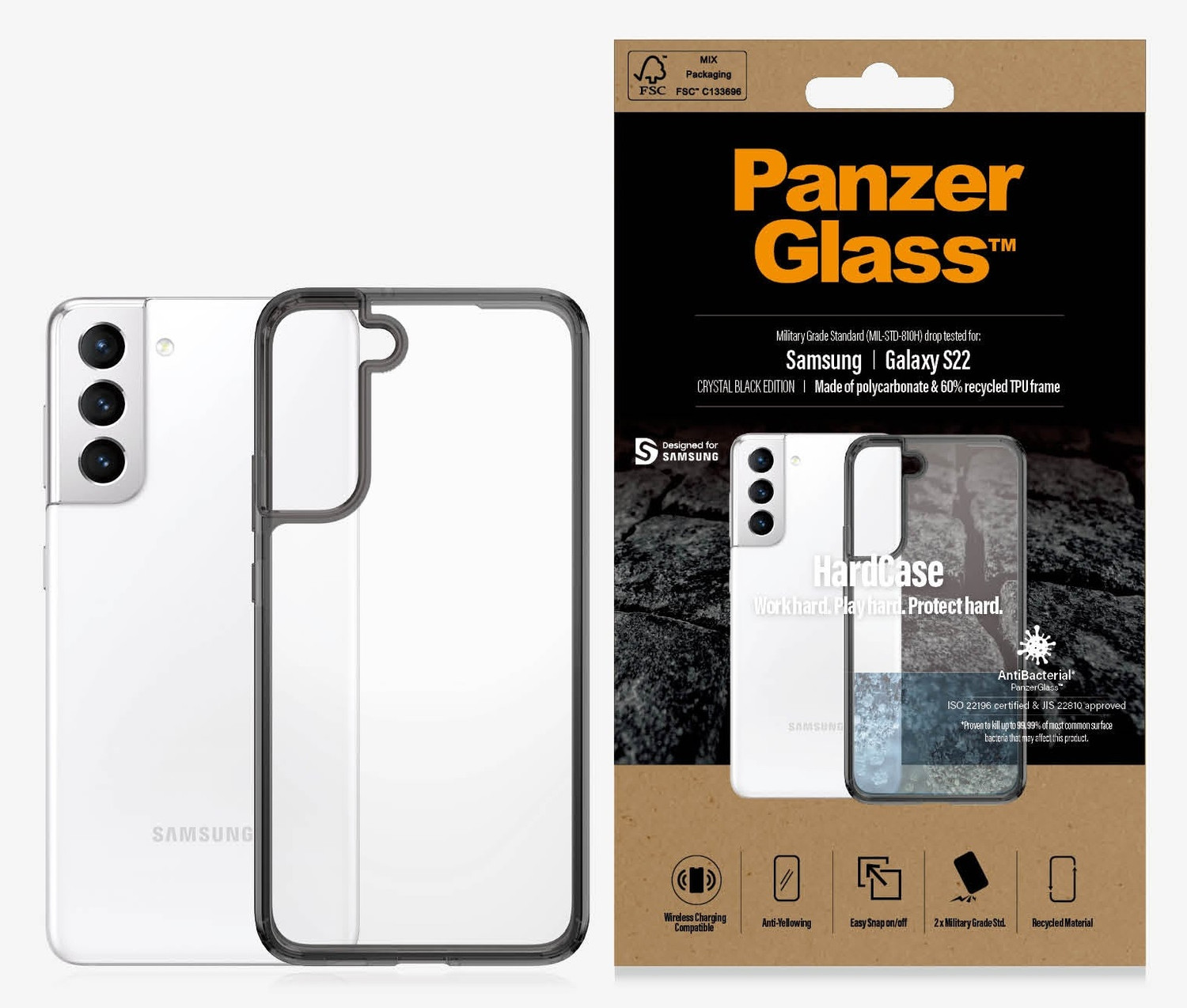 PANZER GLASS HardCase Samsung Galaxy S22 - Crystal Black (0371), Antibacterial, Scratch resistance, Wireless charging compatible, Soft TPU frame