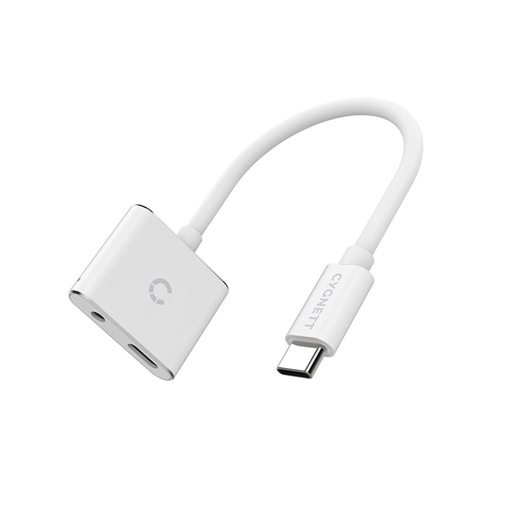 CYGNETT Essentials USB-C Audio & Charge Adapter - White (CY2866PCCPD), 3.5mm Headphones to USB-C Connection, Support USB-C PD Fast Charging