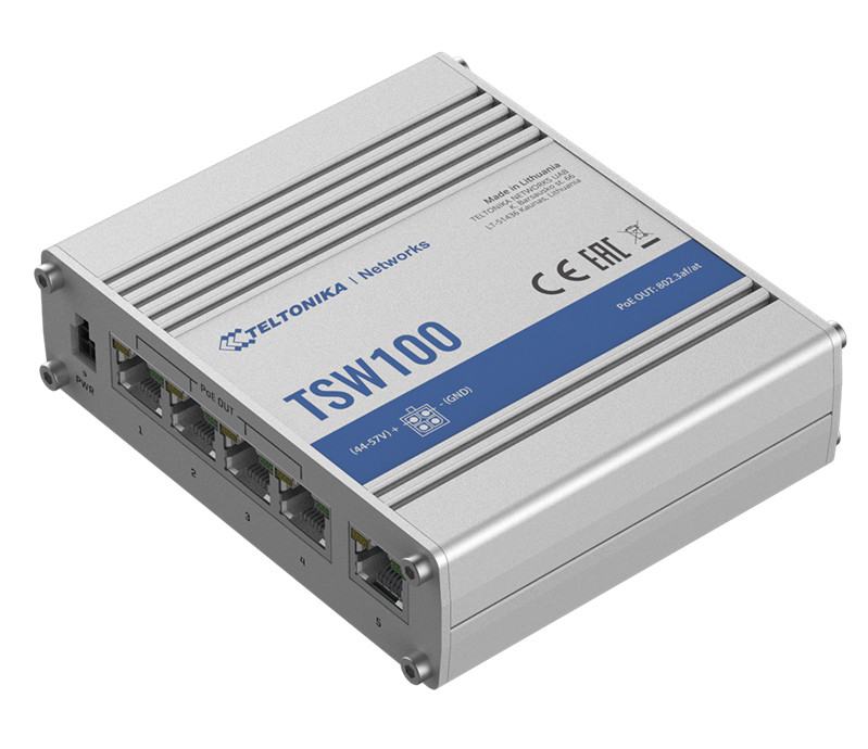 TELTONIKA TSW100 - Industrial Unmanaged PoE+ Switch, 120W, 4x PoE Ports, Plug-N-Play