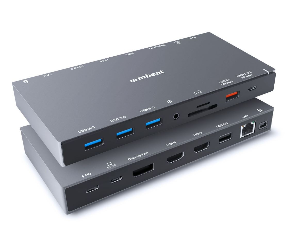 MBEAT 15-in-1 Triple Display USB-C Docking Station 2x HDMI 1x DP 1x 100W PD 3.0 1x USB-C 3.1 Gen2 3x USB 3.0 1x USB 3.1 Gen2 MicroSD/SD Card 1x 1Gb
