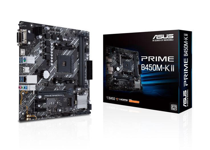 ASUS AMD PRIME B450M-K II Micro ATX motherboard with M.2 support, HDMIDVI-DD-Sub, SATA 6 Gbps, 1 Gb Ethernet, USB 3.2 Gen 1 Type-A, BIOS FlashBack¢