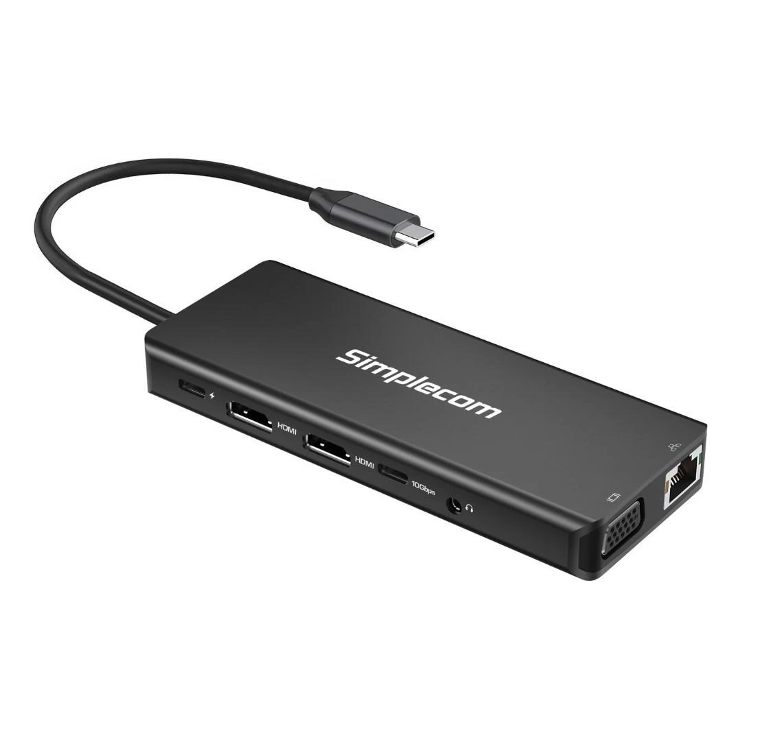  SIMPLECOM CHN613 USB-C 13-in-1 Multiport Docking Station Dual HDMI + VGA Triple Display lay USB 3.2 Gen 2 10Gbps 