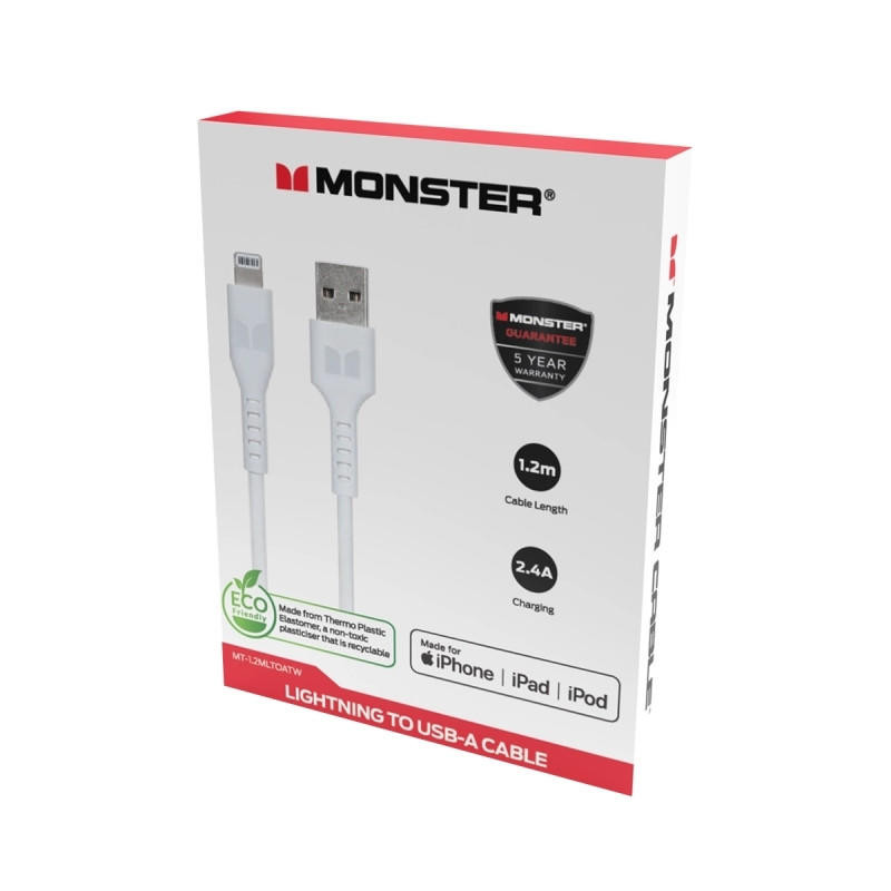  MONSTER Lightning to USB-A Thermo Plastic Elastometer Cable - White 1.2m 