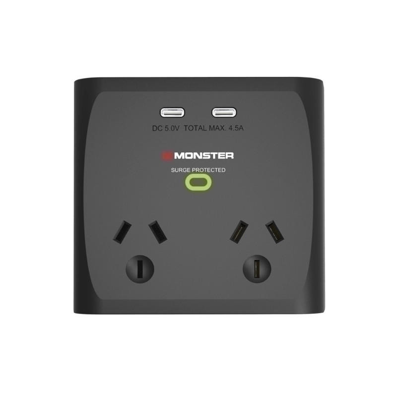  MONSTER Dual Socket Surge Protector with Dual USB-C Ports - Black 