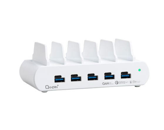 JUST YOU PC PoverDelivery150W 5 Port (A+C) Fast Charging Dock with build-in rack5 Port USB-A USB-C PD3.0 QC4.0 PPS 100-240V AC input White