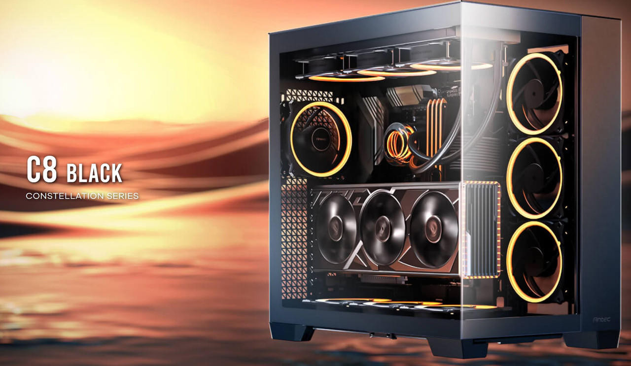  ANTEC C8 E-ATX, mATX, ITX, Seamless Edge View Front and Side, USB-C, 4mm Tempered Glass, 360mm liquid cooler top, bottom, side. 2x USB 3.0 Black Case. 