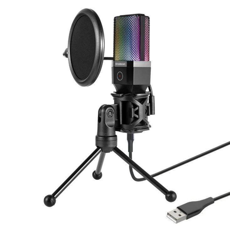  SIMPLECOM UM650 USB Cardioid Condenser Microphone Gaming RGB Lights with Tripod & Pop Filter 