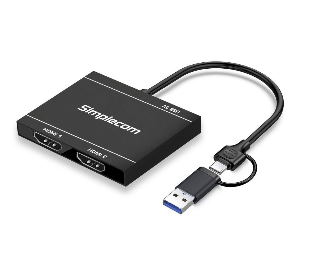  SIMPLECOM DA327 USB 3.0 or USB-C to Dual HDMI Display Adapter for 2x 1080p Extended Screens 