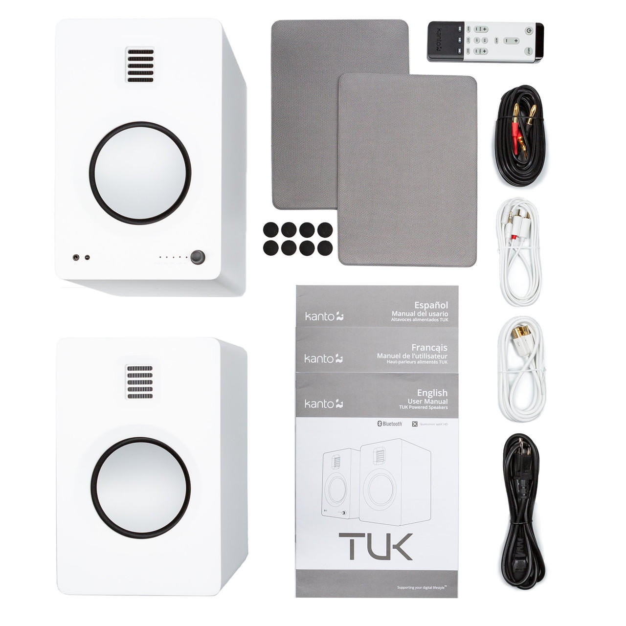  Kanto TUK 260W Powered Bookshelf Speakers with Headphone Out, USB Input, Dedicated Phono Pre-amp, Bluetooth - Pair, Matte White with SP26PLW White Stand Bundle 