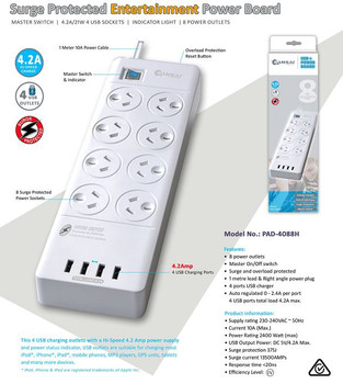 GENERIC 8 Outlets & 4 USB Outlets Surge Protected Powerboard (PAD-4088H)