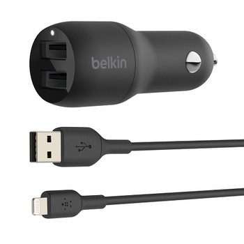 BELKIN BOOST↑CHARGE™ Dual USB-A Car Charger 24W + USB-A to Lightning Cable - Dual ports charge two devices at once from a single car power socket