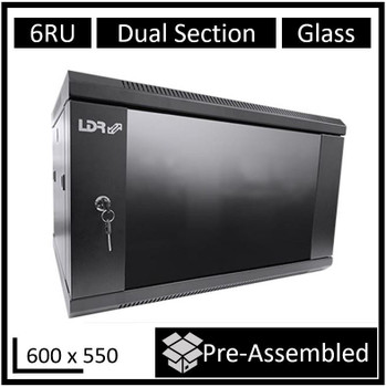 LDR Assembled 6U Hinged Wall Mount Cabinet (600mm x 550mm) Glass Door - Black Metal Construction - Top Fan Vents - Side Access Panels