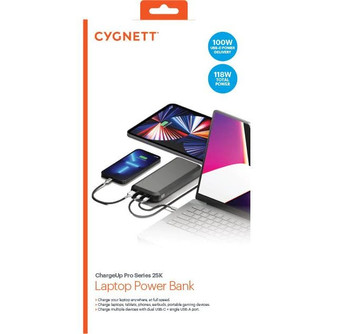 CYGNETT ChargeUp Pro Series 25K mAh Laptop Power Bank - Black (CY4131PBCHE), 1 x USB-C (100W), 1 x USB-C (18W), 1 x USB-A (18W), Type-C Cable Included