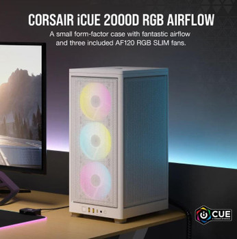  CORSAIR iCUE 2000D RGB AIRFLOW, Mesh Panels, USB-C, ICUE, 3x AF120 RGB Slim Fans, Mini ITX Tower - White. Case 