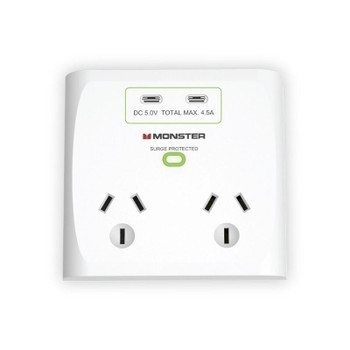  MONSTER Dual Socket Surge Protector with Dual USB-C Ports - White 