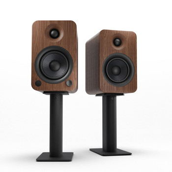  Kanto YU4 140W Powered Bookshelf Speakers with Bluetooth® and Phono Preamp - Pair, Walnut with SP9 Black Stand Bundle 