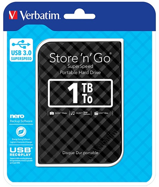 VERBATIM 1TB 2.5' USB 3.0 Black Store'n'Go HDD Grid Design - L-HXV-GRID1TB-BLK shop at AUSTiC 3D Shop
