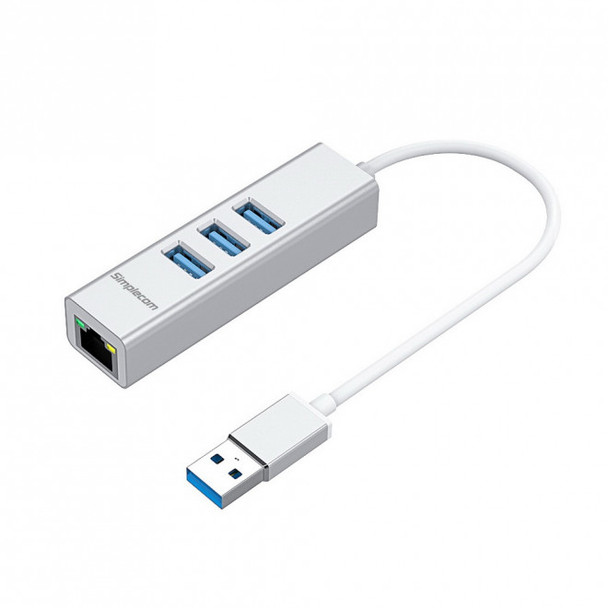 SIMPLECOM CHN420 Silver Aluminium 3 Port SuperSpeed USB HUB with Gigabit Ethernet Adapter - CBAT-USBCLAN