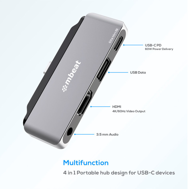 MBEAT Elite Mini 4-In-1 USB-C Mobile Hub for iPad Pro, USB-C Tablet & Laptop/Notebook - Supports up to 60W PD pass-through charging