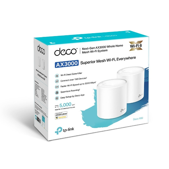 TP-LINK Deco X60 (2-pack) AX3000 Whole Home Mesh Wi-Fi 6 System (WIFI6), Up to 460sqm Coverage, WPA3, TP-Link Homecare, OFDMA, MU-MIMO