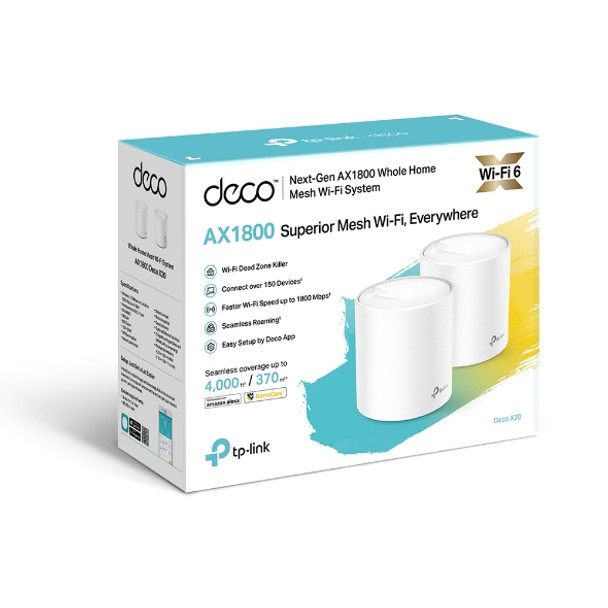 TP-Link Deco X20(2-pack) AX1800 Whole Home Mesh Wi-Fi 6 System, Up To 370 sqm Coverage, WIFI6, 1201Mbps @ 5Ghz, 574Mbps @ 2.4 GHz OFDMA, MU-MIMO