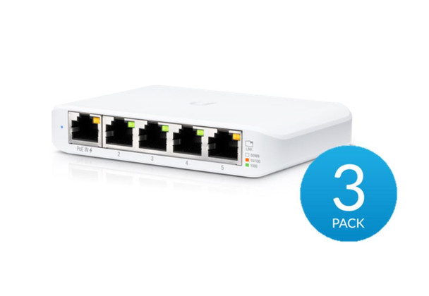 UBIQUITI USW Flex Mini - 5 Port Managed, UniFi, Layer 2 Gigabit Switch - 1x PoE Input - 3 Pack - No PSU