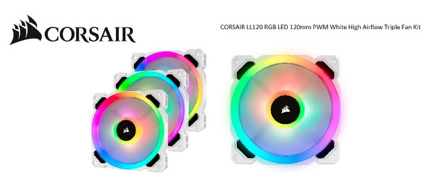 CORSAIR Light Loop Series, White LL120 RGB, 120mm PWM Fan, 3 Fan Pack with Lighting Node PRO. Two Years Warranty