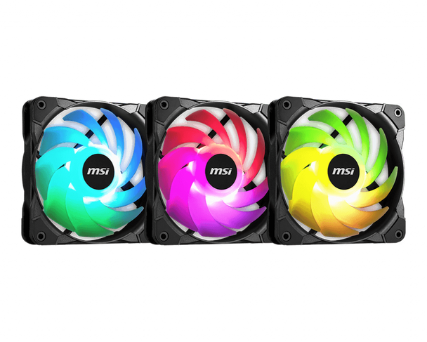 MSI MAG MAX F12A-3 RGB 120mm Fan 3 Pack, A-RGB, Hydro Bearing, 4-pin PWM, 3-to1 Cable, Anti-Vibration, Mystic Light Extension - L-CFM-MAXF12A-3 shop at AUSTiC 3D Shop