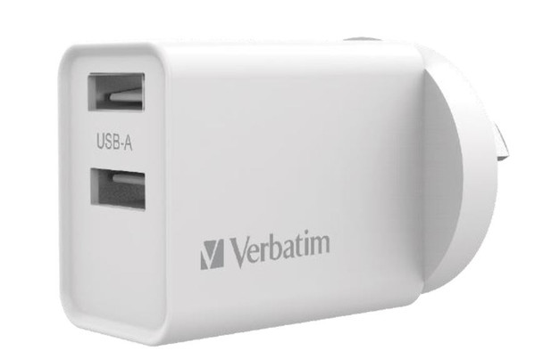 VERBATIM USB Charger Dual Port 2.4A - White Twin Port Wall Charger