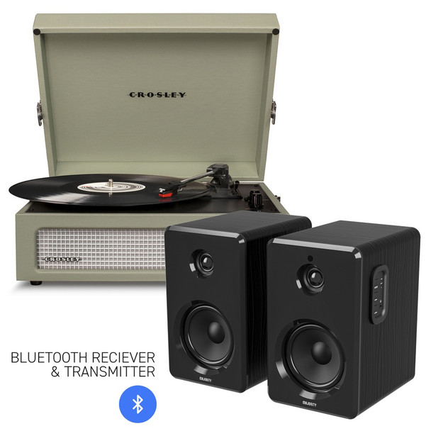 CROSLEY Crosley Voyager Bluetooth Portable Turntable - Sage + Bundled Majority D40 Bluetooth Speakers - Black