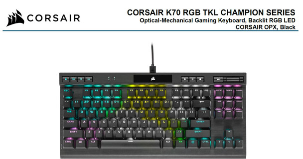 CORSAIR K70 RGB TKL OPX Silver RGB Mechanical Gaming Keyboard, Backlit RGB LED, CHERRY Keyswitches, Black. SO220419-663374
