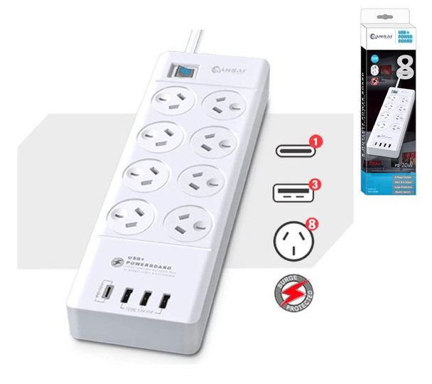 GENERIC 8 Outlet 3*USB-A & 1*USB-C Powerboard Master On/Off switch Surge and overload protected 1M 20W 220-240V 10A IV Retail box