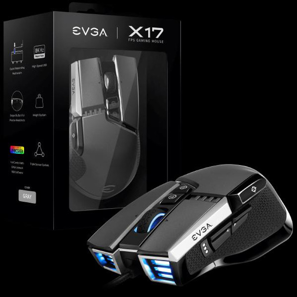 EVGA X17 Gaming Mouse, Wired, Grey, Customizable, 16,000 DPI, 5 Profiles, 10 Buttons, Ergonomic 903-W1-17GR-K3