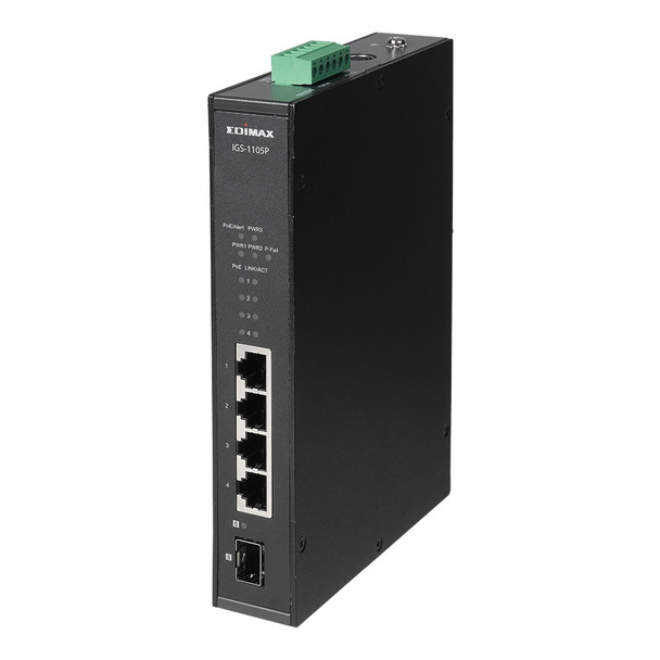 EDIMAX IGS-1105P Industrial 5-Port Gigabit Din-Rail Switch- 4 Gigabit PoE+ ports and 1 SFP uplink
