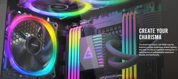 ANTEC Fusion 120mm ARGB PWM HB Fan, Airflow 57.93 CFM, Air Pressure 2.11, Noise Level 31.21. Woven Cable, PMW Daisy Chain design, 3 Yrs Warranty