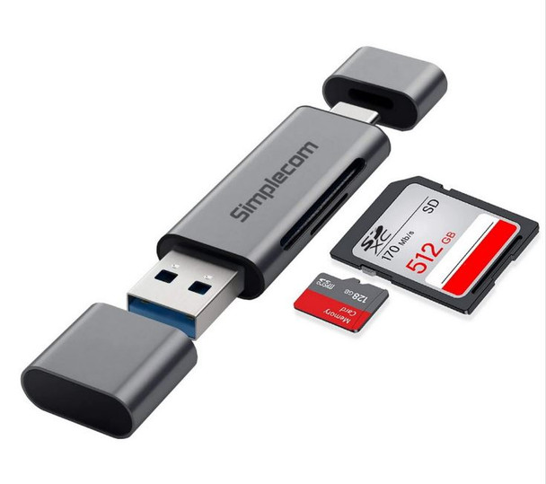 SIMPLECOM CR402 SuperSpeed USB-C and USB-A SD/MicroSD Card Reader USB 3.2 Gen 1 (USB 3.0)