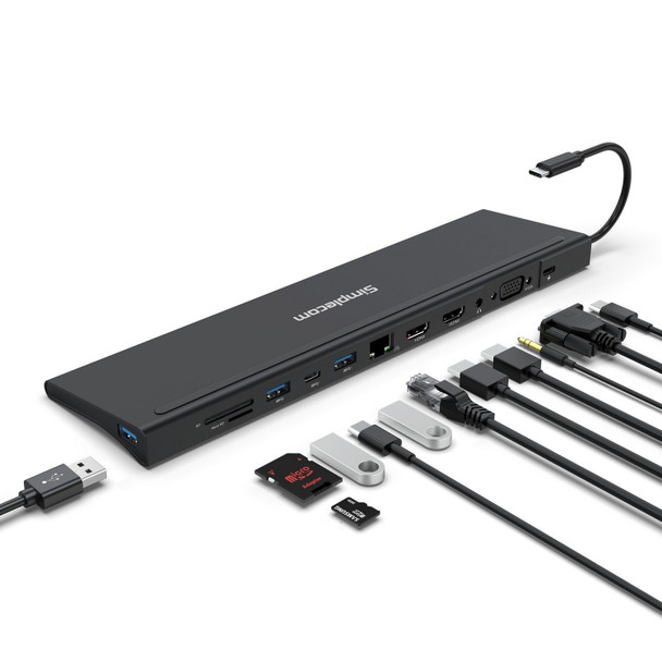 SIMPLECOM CHN622 USB-C 12-in-1 Multiport Docking Station Laptop Stand Dual HDMI + VGA Triple Display Gigabit LAN