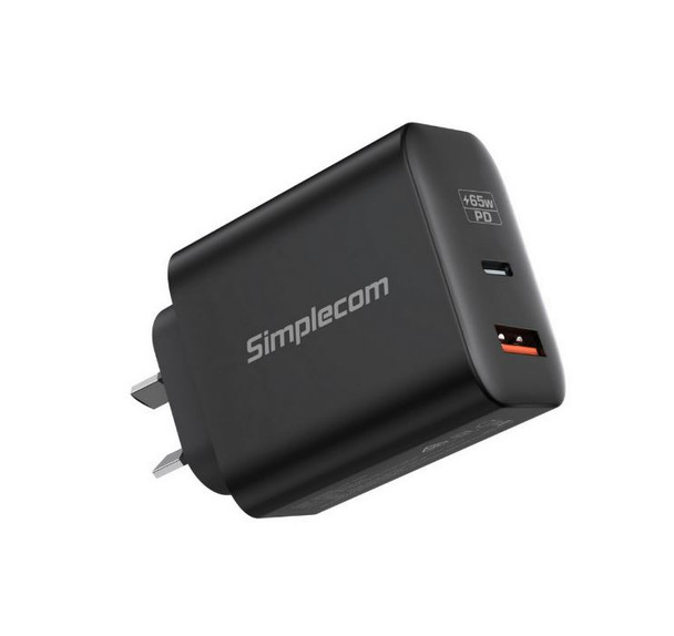 SIMPLECOM CU265 Dual Port PD 65W GaN Fast Wall Charger USB-C + USB-A for Phone Laptop