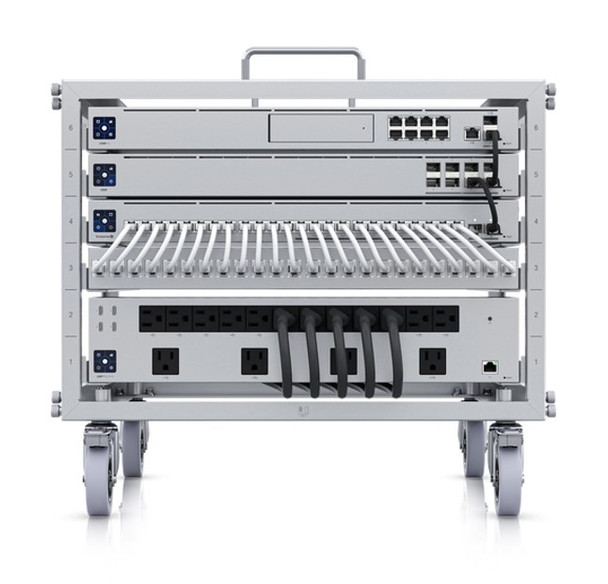 UBIQUITI 6U-sized device rack with a 24-port blank patch panel that can be assembled without tools