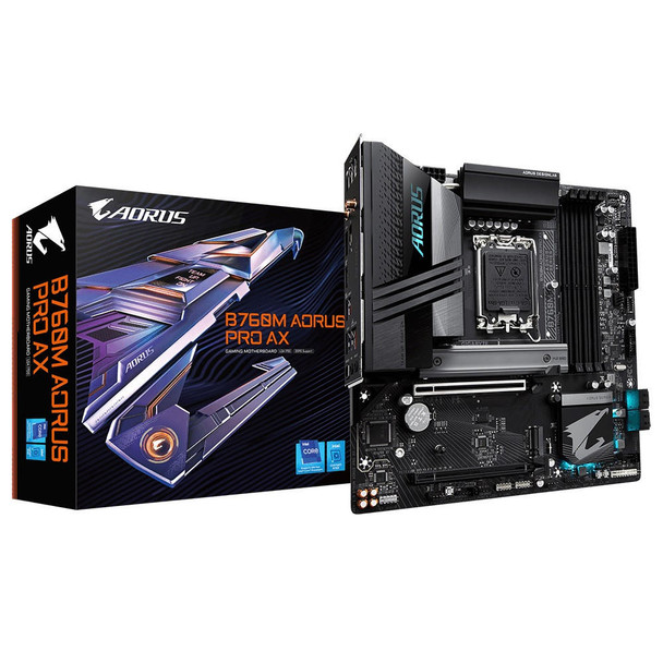 GIGABYTE B760M AORUS PRO AX Intel LGA 1700 m-ATX Motherboard, 4x DDR5 ~128GB, 2x PCI-E x16, 2x M.2, 4x SATA, 4x USB 3.2, 1x USB-C, 4x USB 2.0