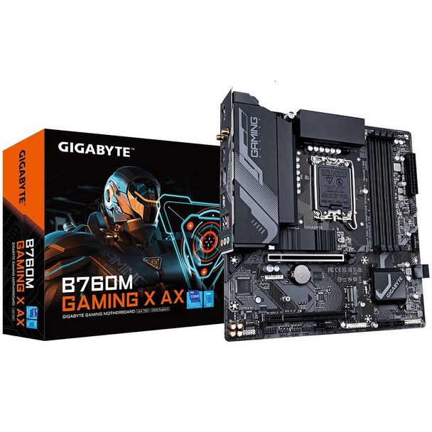 GIGABYTE B760M Gaming X AX Intel LGA 1700 m-ATX Motherboard, 4x DDR5 ~128GB, 1x PCI-E x16, 1x PCI-E x1, 2x M.2, 4x SATA, 3x USB 3.2, 5x USB 2.0, 1 HD