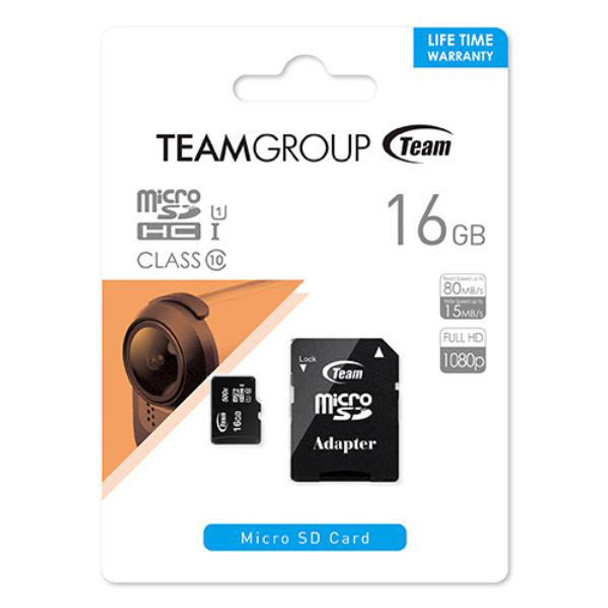 TEAM Team Group Micro SDHC 16GB Class10 UHS-I Retail W1 Adapter  RW (Max) 80MBs 15MBs 